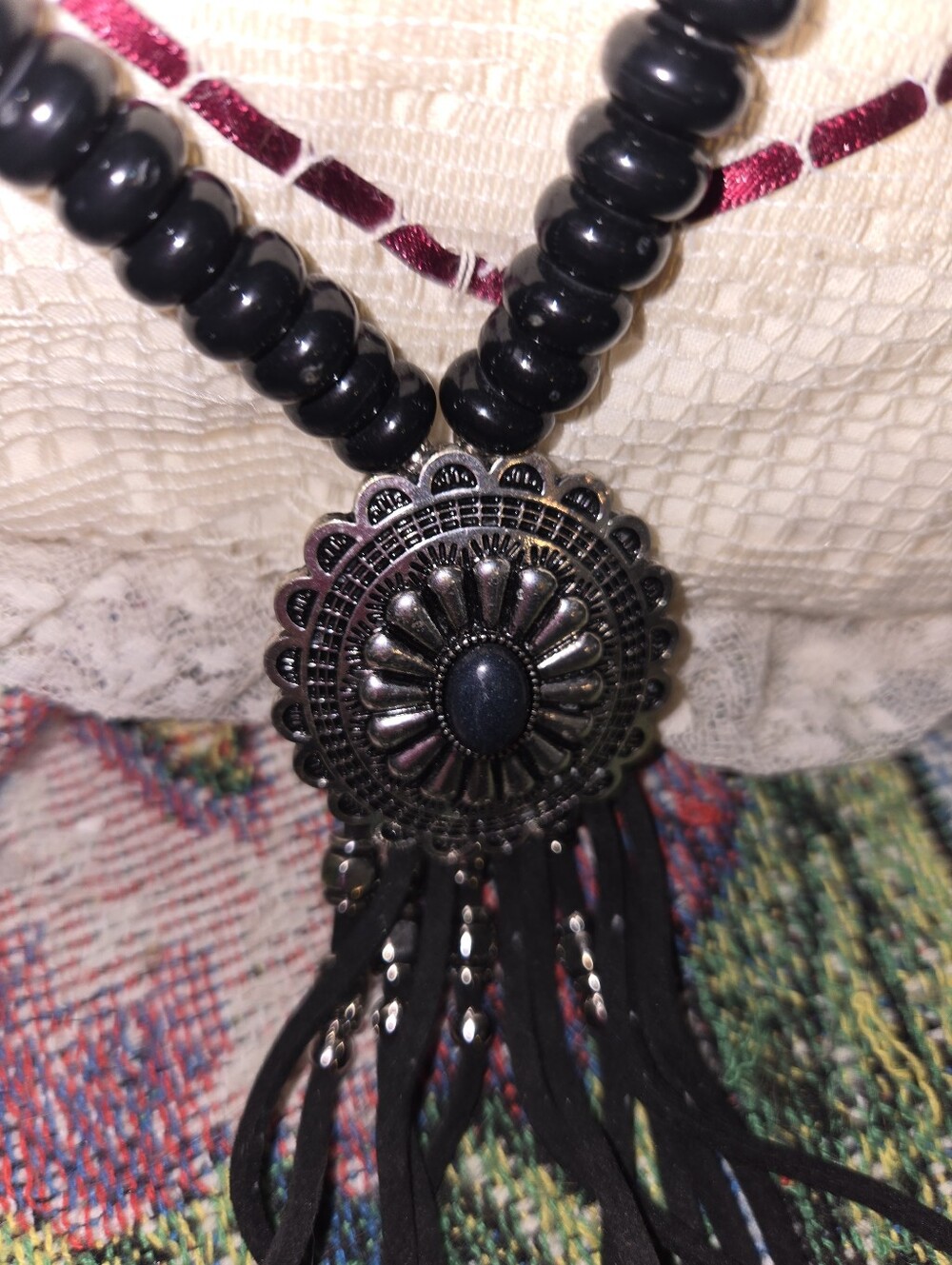 Bohemian Black Beaded Pendant Necklace with Fringe